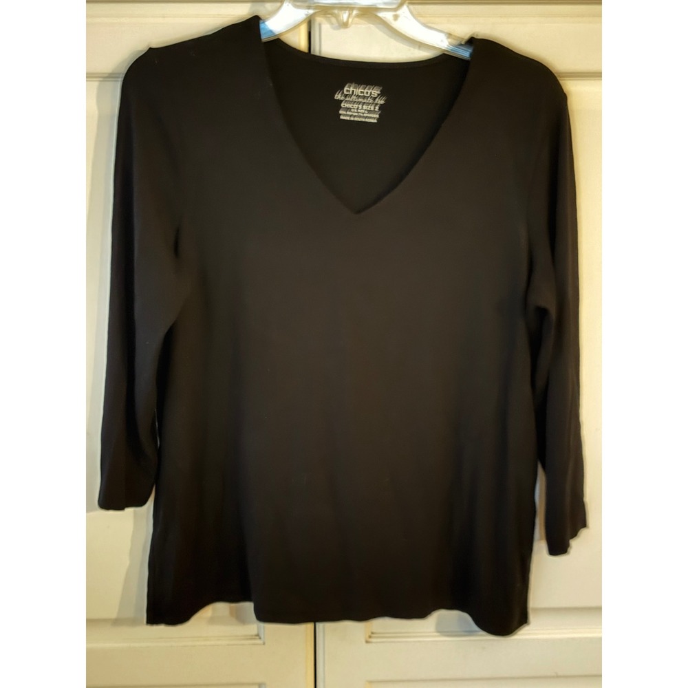 Chicos The Ultimate Tee Black V-Neck 3/4 Sleeve Top Size 2 Large Rayon Spandex
